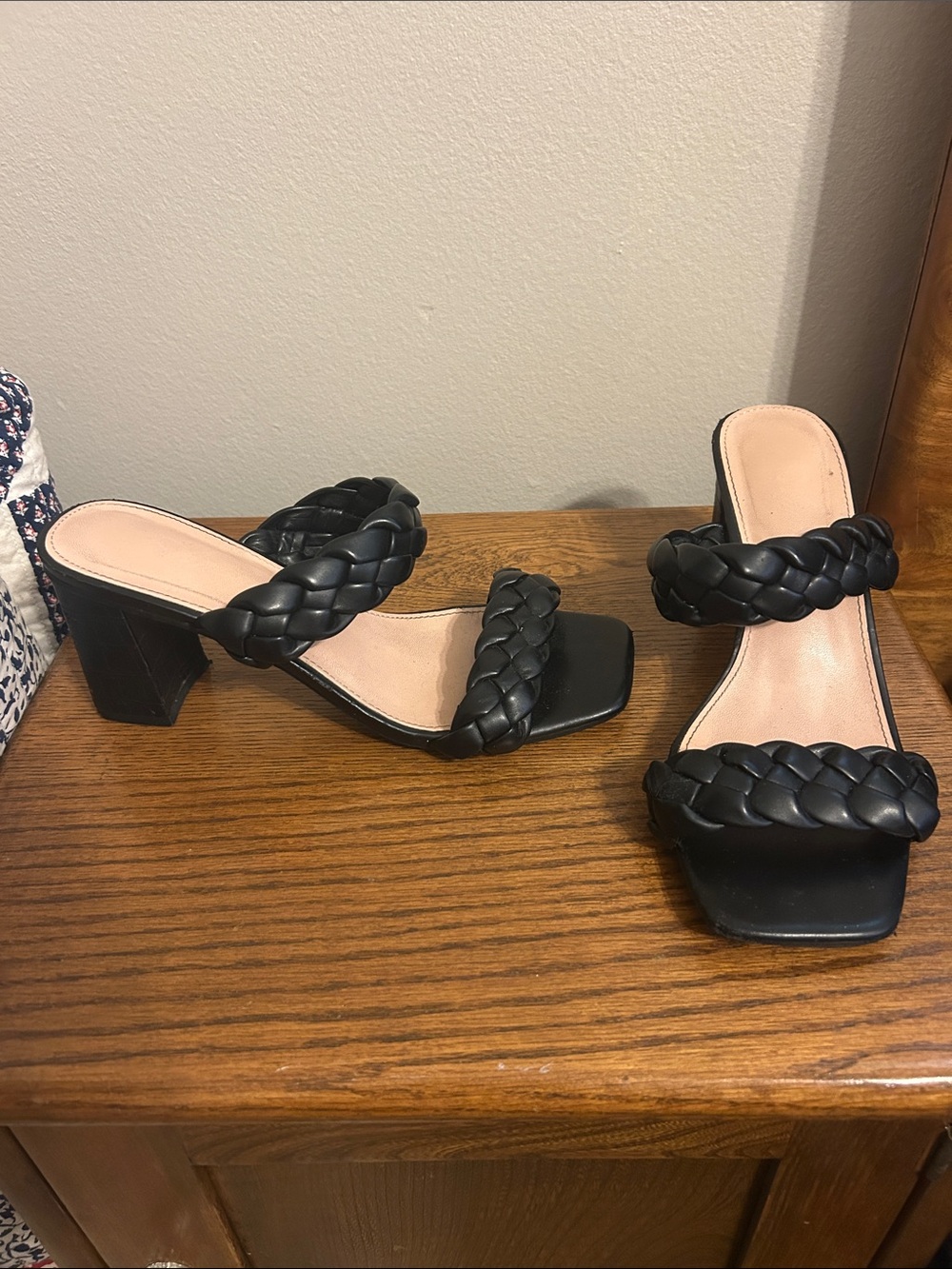 Braided Strap Black Block Heel Sandals
